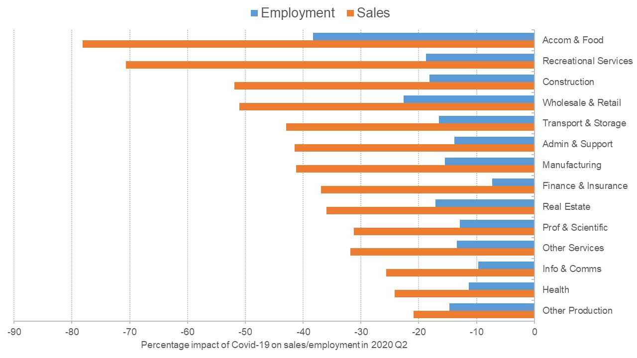 Graph showing the expected impact of Covid-19 on sales and employment for a range of industries
