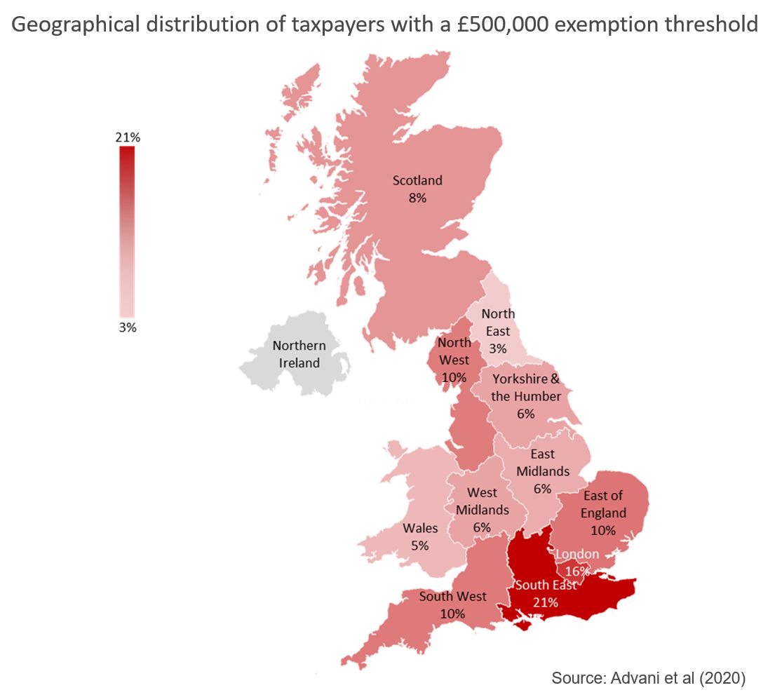 Map showing geographical distribution of taxpayers with a £500,000 exemption threshold