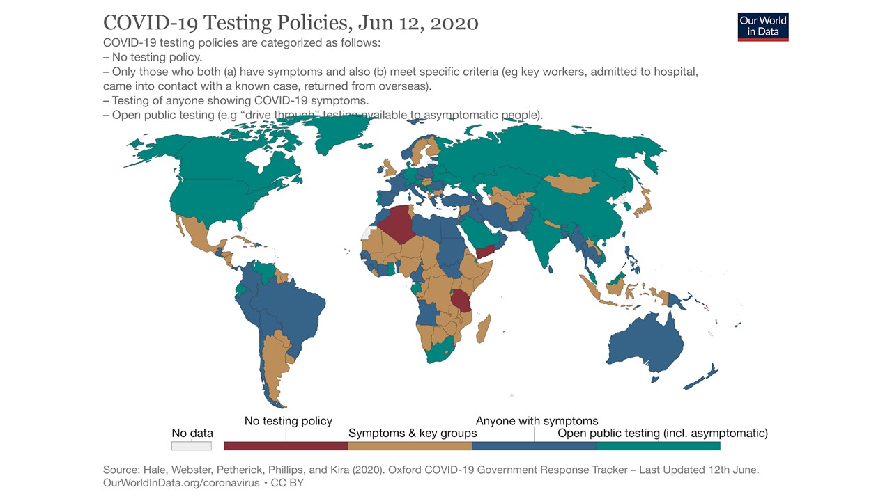 Map showing Covid-19 testing policies around the world