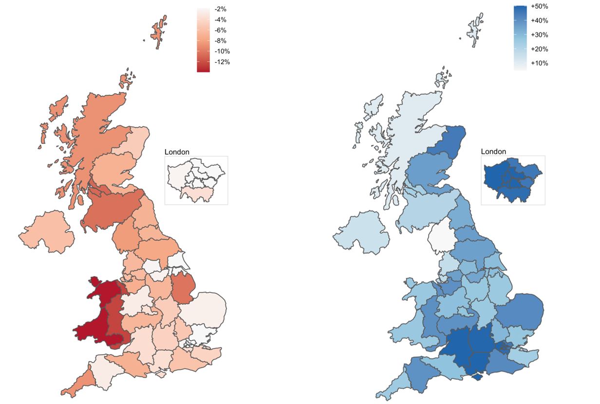 Map showing October 2020 year-on-year growth in offline credit card and online credit card spending