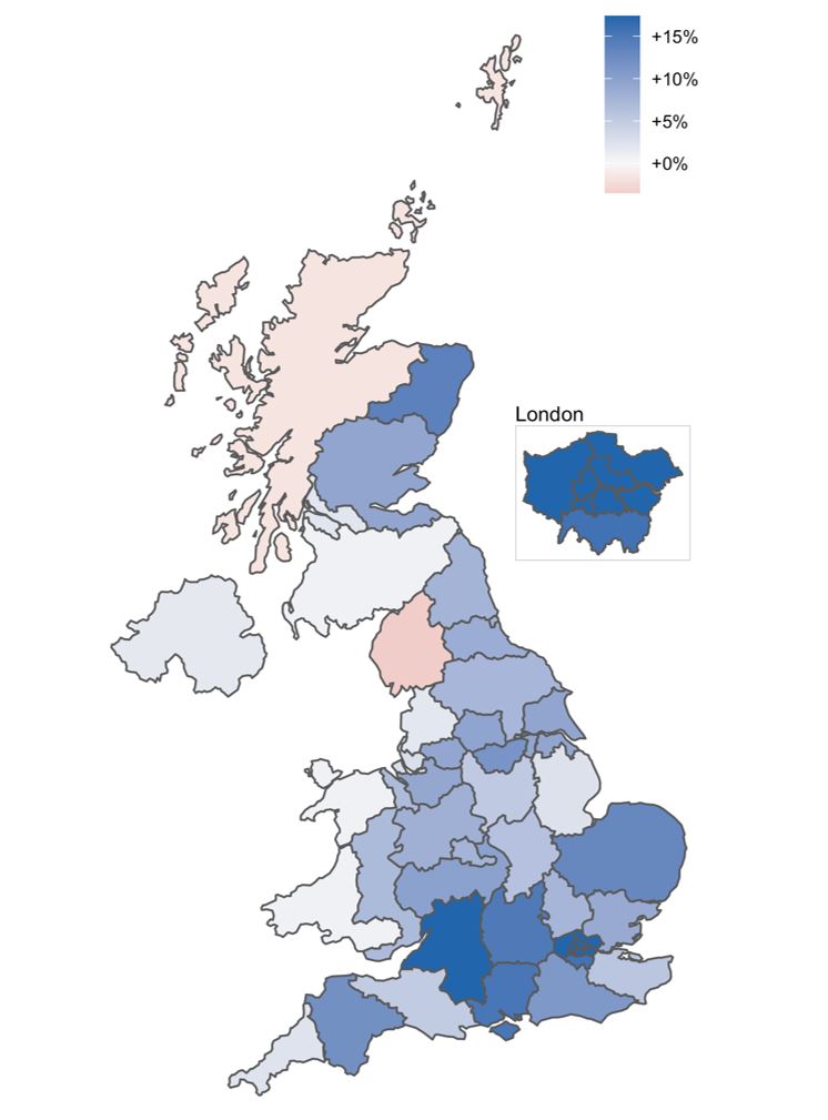 Map showing Figure 1: October 2020 year-on-year growth in overall credit card spending by NUTS 2 area