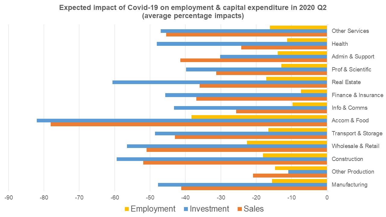 Bar graph showing expected impact of covid-19 on employment and capital expenditure in 2020 Q2
