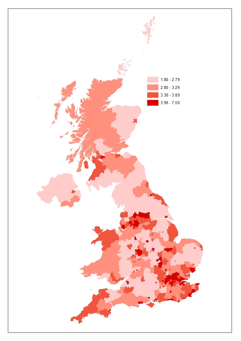 Map showing percentage point increase in claimant count rate