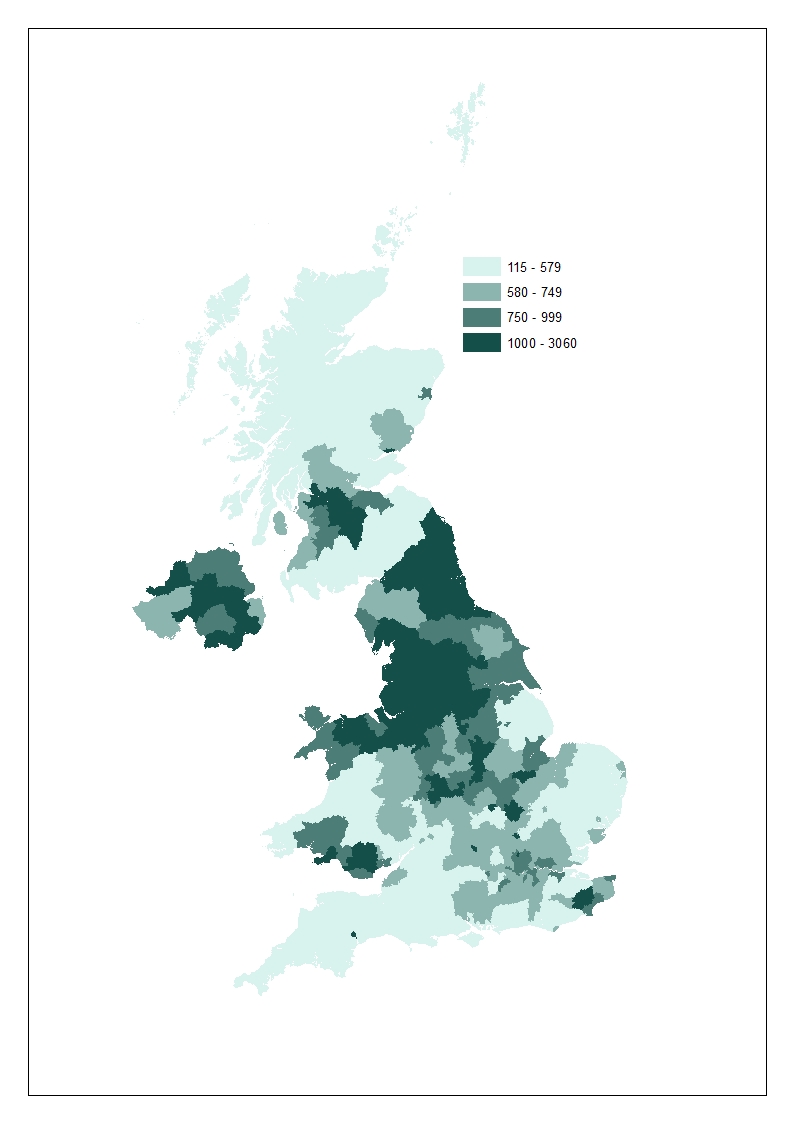 Map showing total recorded coronavirus cases per 100,000