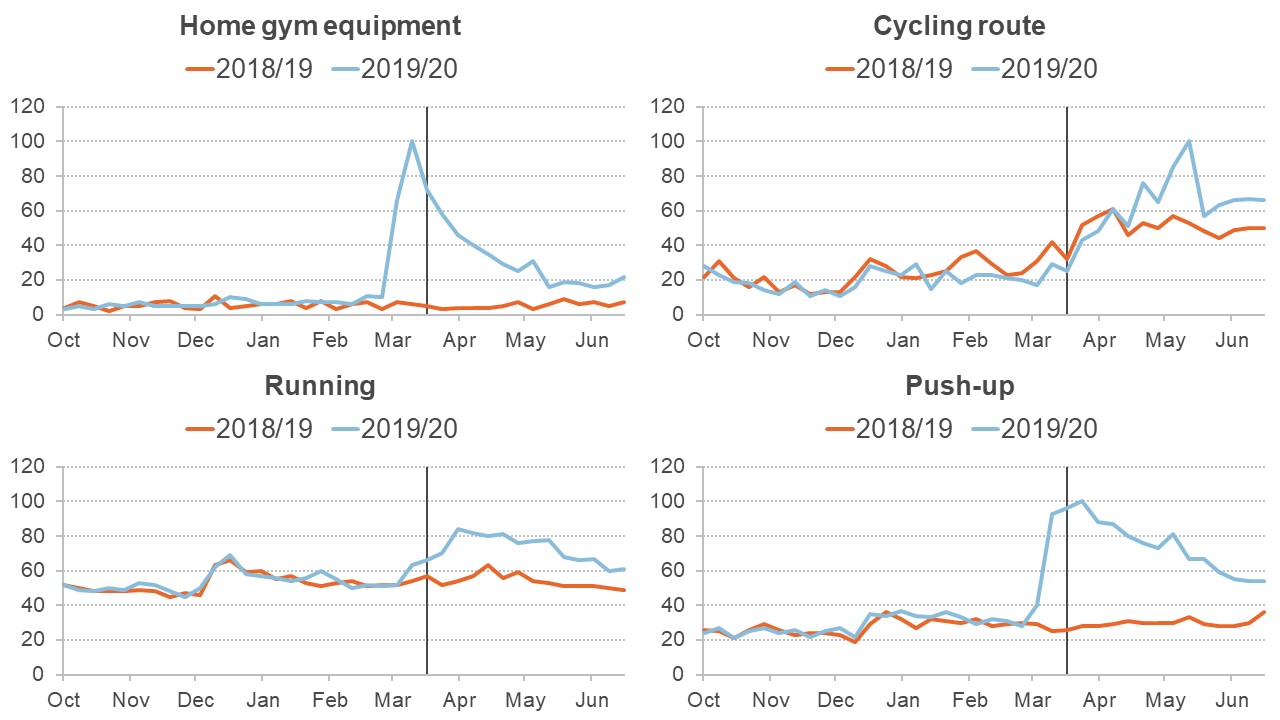 Graph showing frequency of Google searches for various exercise terms