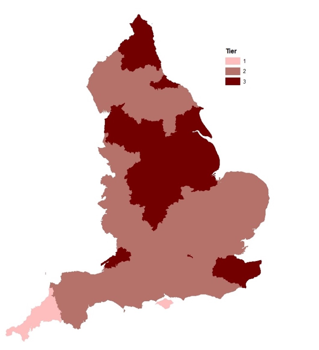 Map showing Covid-19 tiers (England)