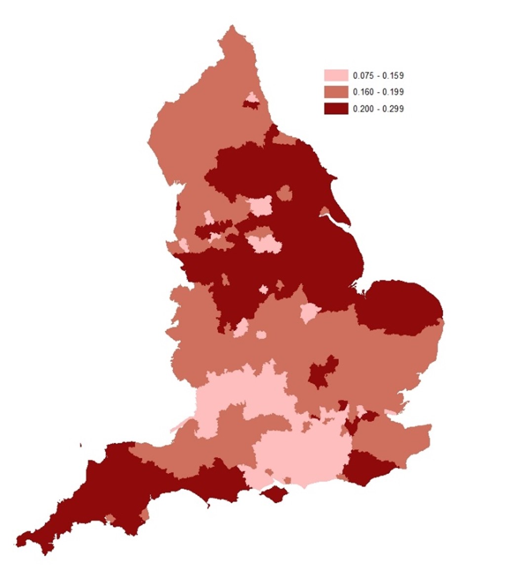 Map showing fraction of employment in retail, distribution, food and accommodation