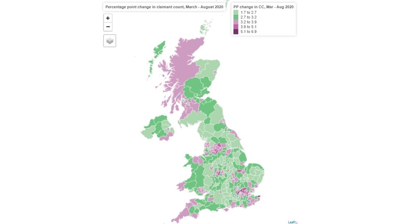 Map showing changes in claimant count by local authority