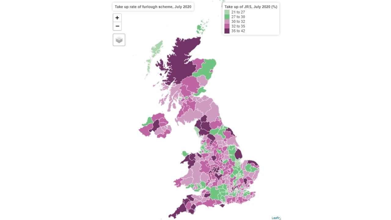 Map showing the share of workers on the CJRS for at least three weeks by local authority