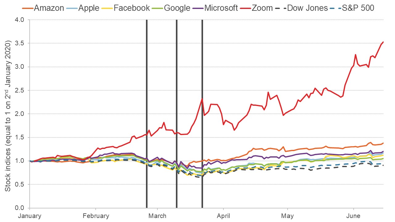 Chart showing how Zoom has outperformed other tech companies on the stock market in 2020