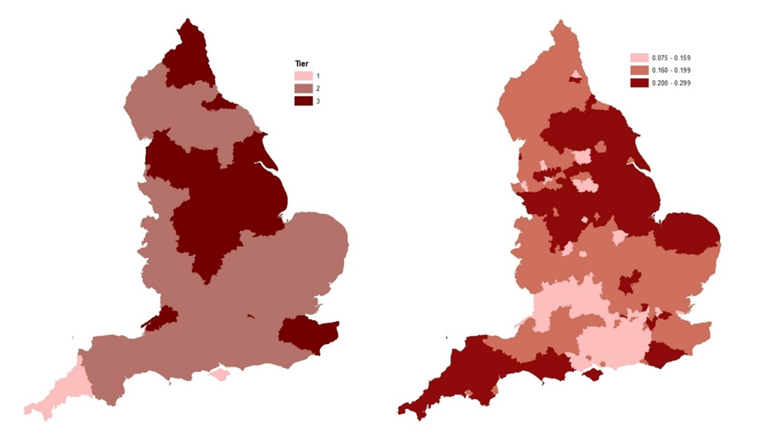 Maps showing tiers and employment in affected sectors