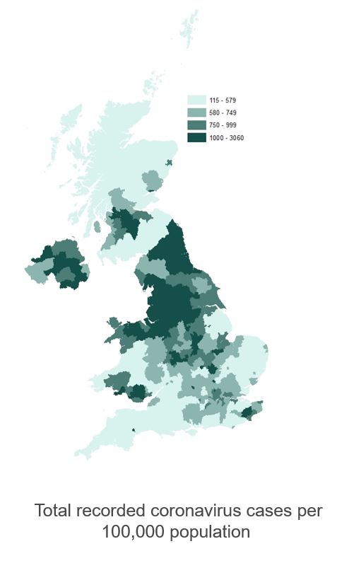 Map showing total recorded coronavirus cases per 100,000